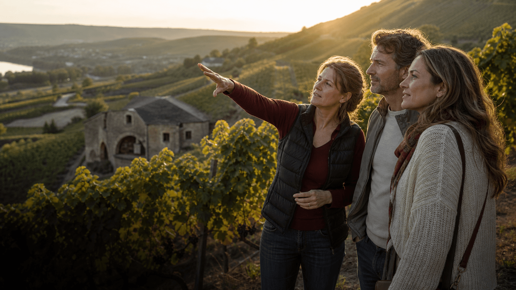 Winzerin zeigt einem Paar eine Weinregion im Abendlicht
