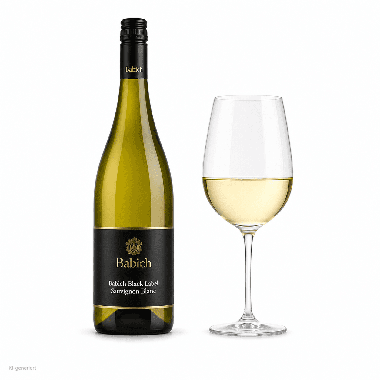 Babich Black Label Sauvignon Blanc – Flasche mit Weinglas