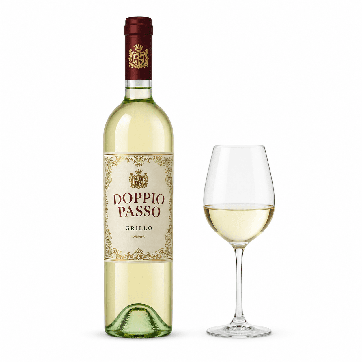 Doppio Passo Grillo – Flasche mit Weinglas