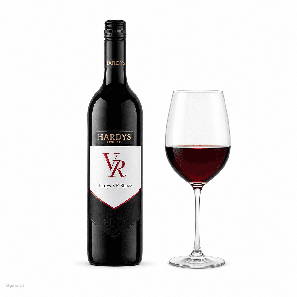 Hardys VR Shiraz – Flasche mit Weinglas