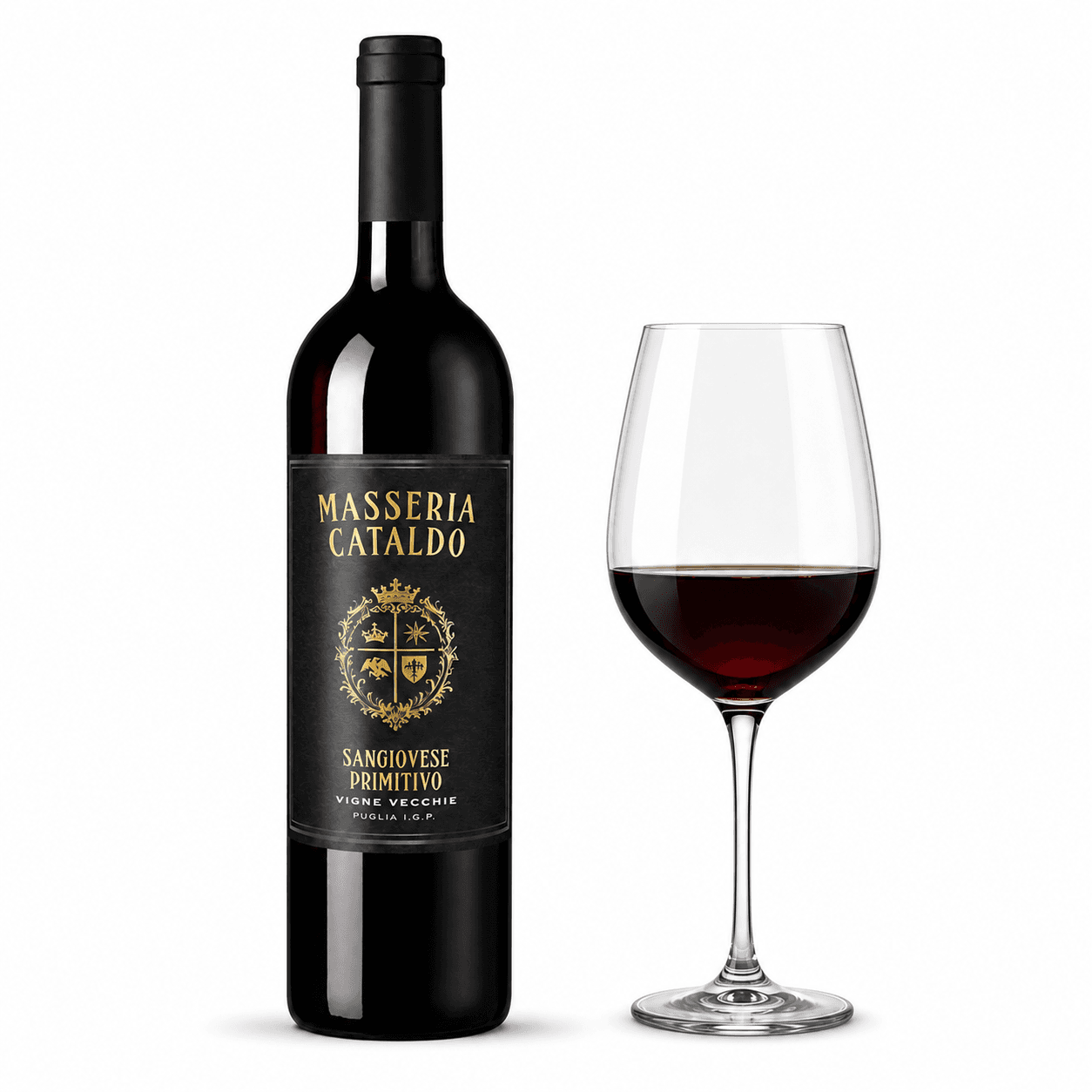 Masseria Cataldo Sangiovese-Primitivo Vigne Vecchie – Flasche mit Weinglas