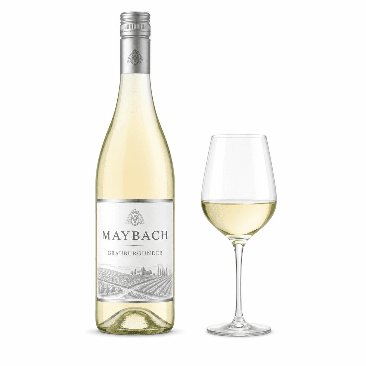 Maybach Grauburgunder – Flasche mit Weinglas