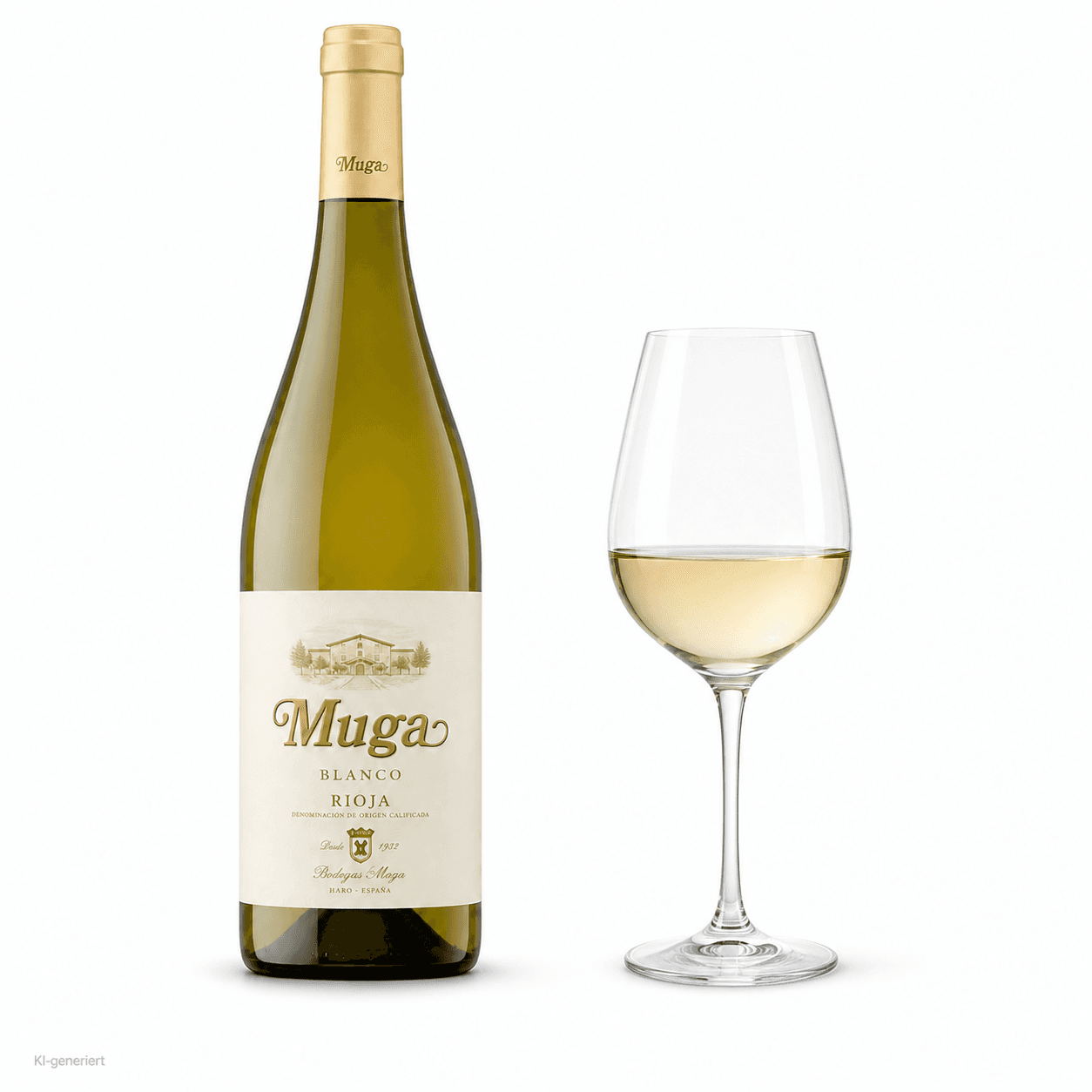 Muga Blanco Rioja – Flasche mit Weinglas