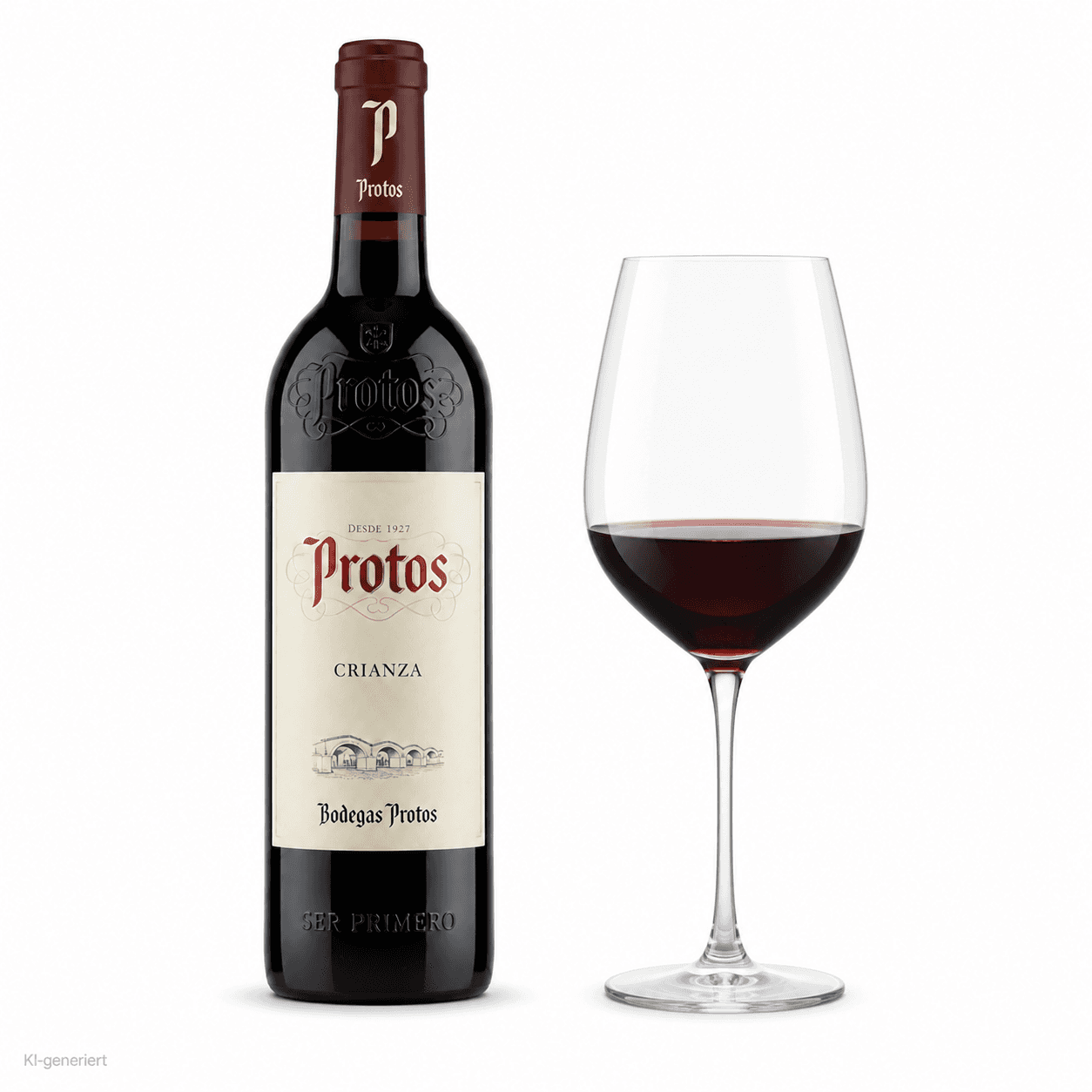 Protos Crianza – Flasche mit Weinglas