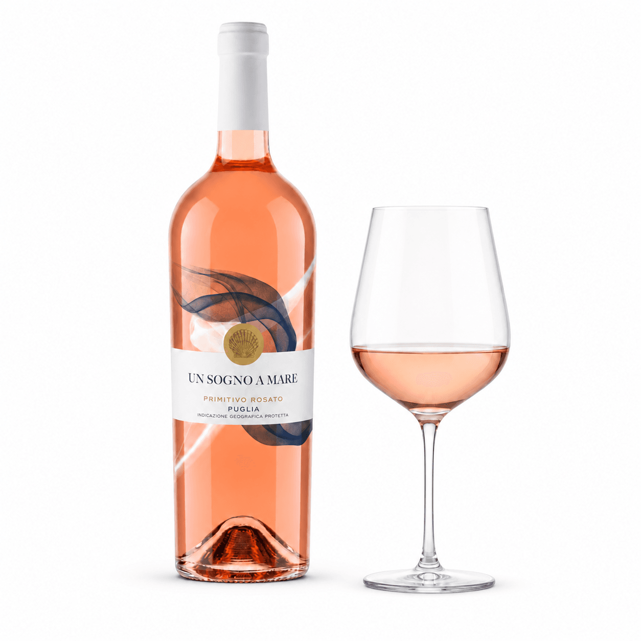 Un Sogno a Mare Primitivo Rosato – Flasche mit Weinglas