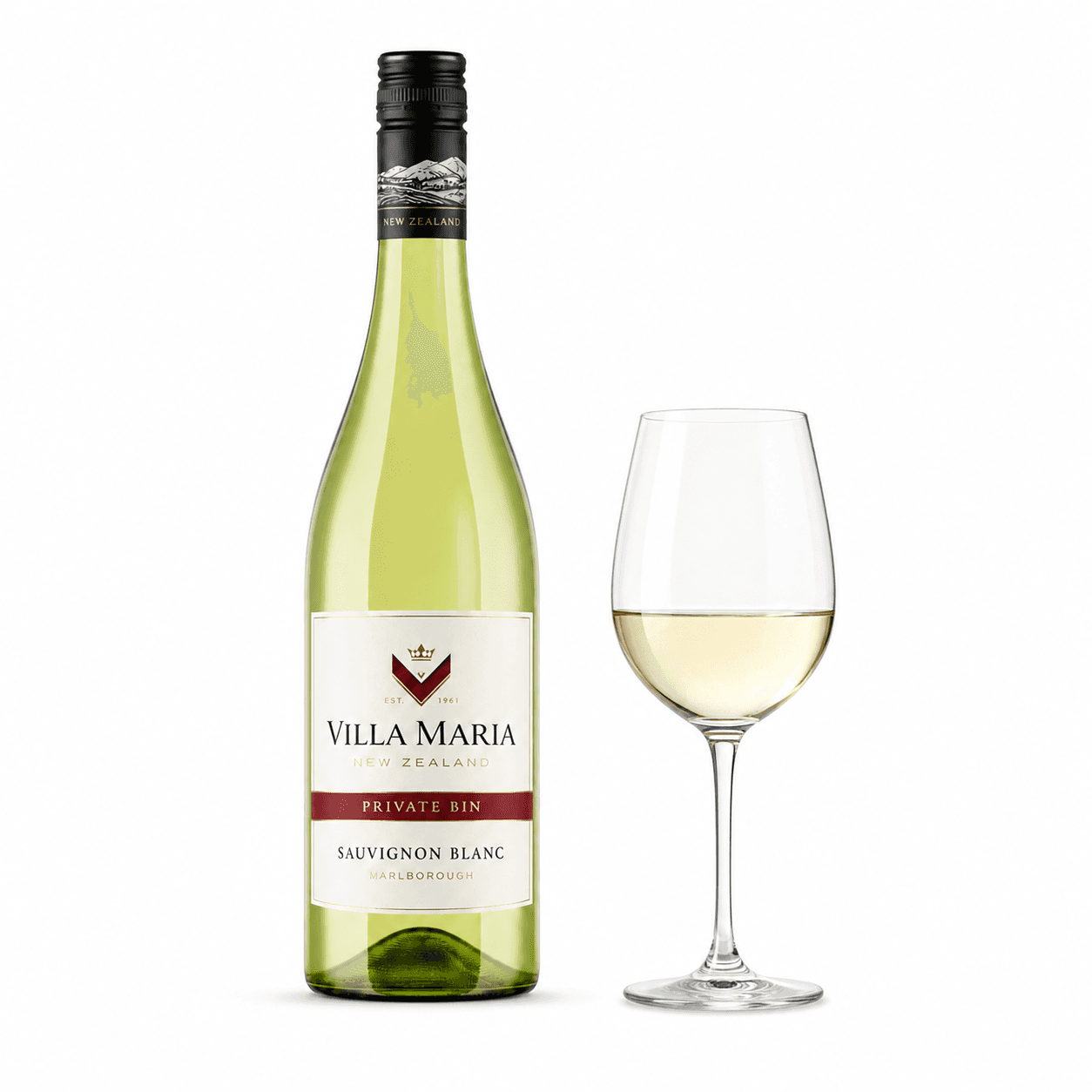 Villa Maria Private Bin Sauvignon Blanc – Flasche mit Weinglas